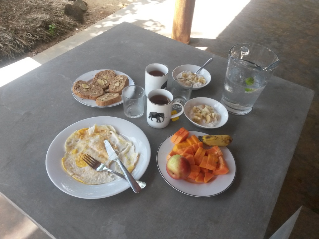 Our first breakfast: fried eggs, toast, fruits, yogurt, tea and lime water - maybe 100 rupees max