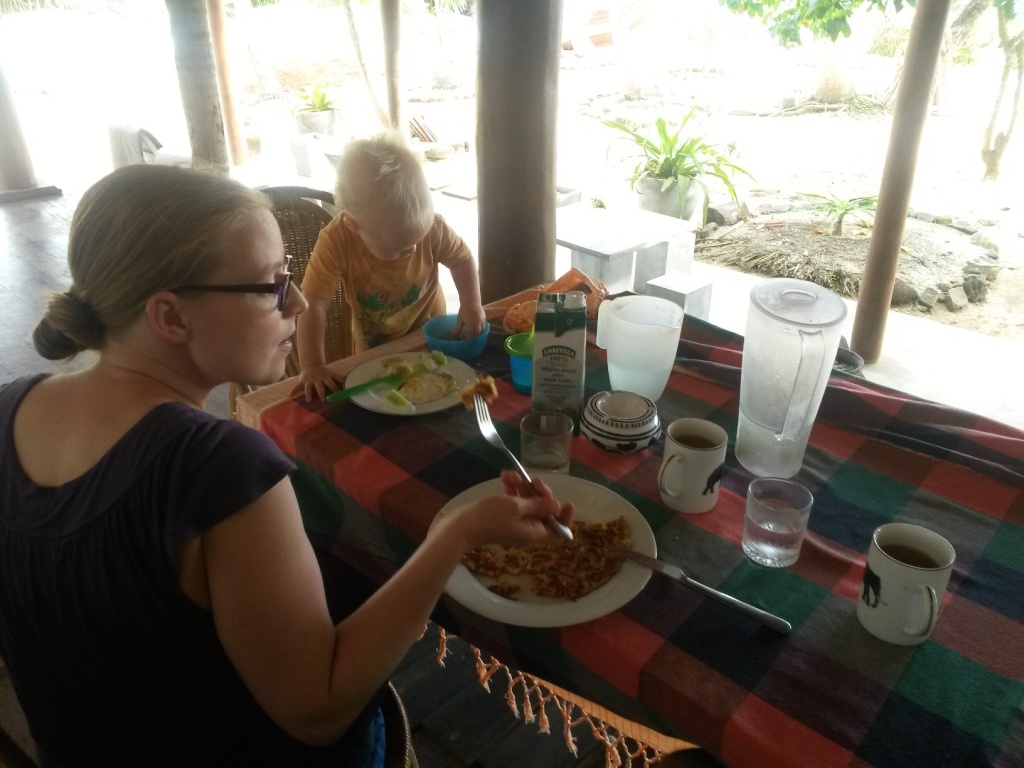 A lunch at home: fried egg, cucumber and milk for the wee one, masala omelet and tea for the grown ups - the milk costs around 180 rupees per litre, rest maybe 50 rupees