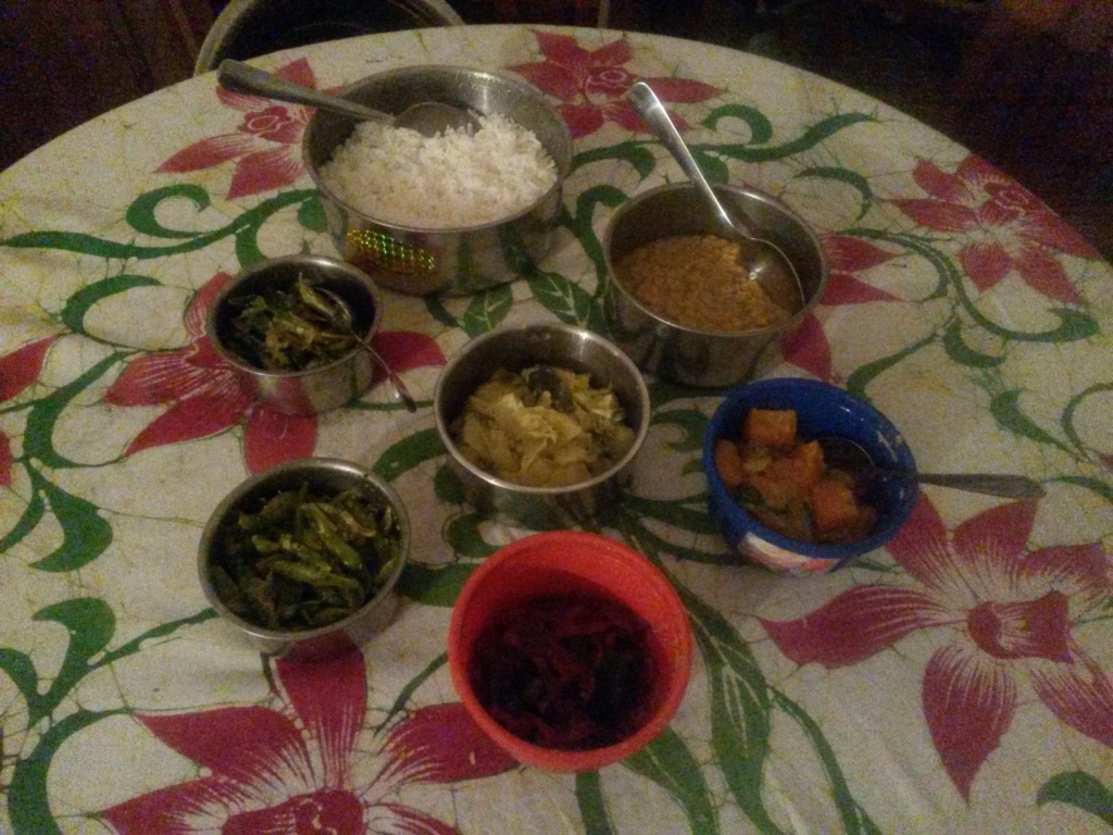 Yet another dinner at home enjoying Malani's excellent food. Again five curries, dal and rice.
