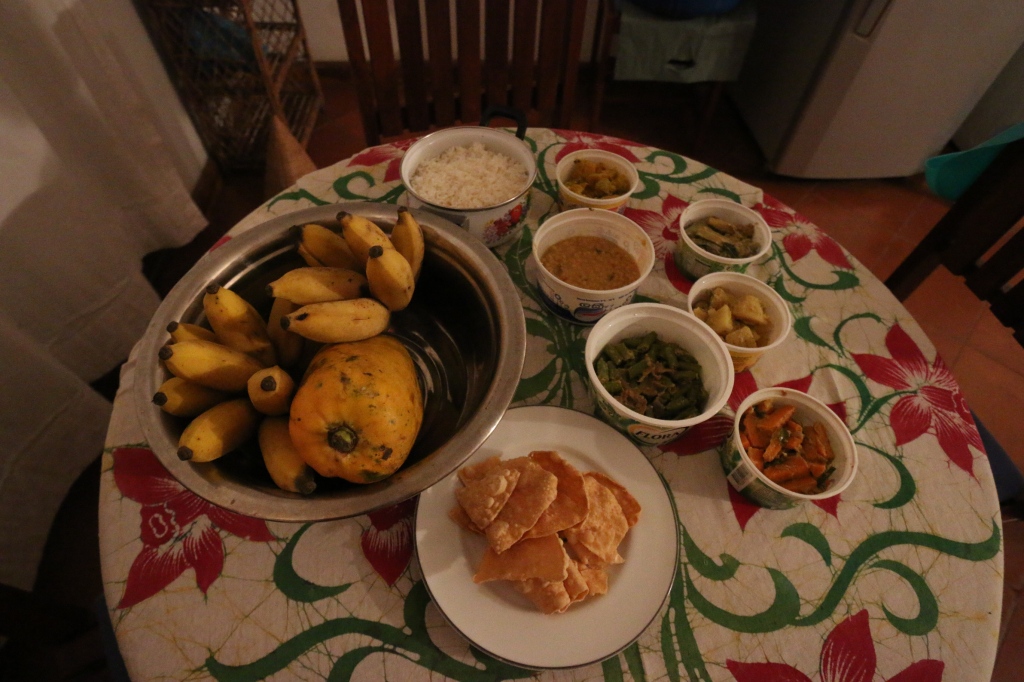 Our first Sri Lankan dinner on the night of our arrival: rice, dal, pappadam and FIVE different veg curries - it cost 1600 rupees for two to order dinner from the house maid delivered in the evening.