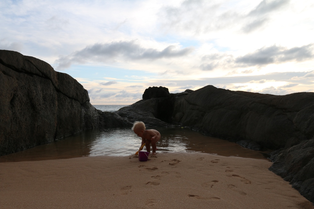 The rock pool on the beach is perfect for splashing in 